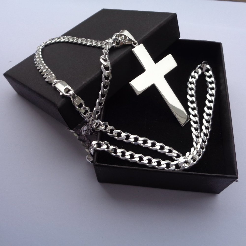 Flat Cross Necklace, 925 ITALY SOLID Sterling Silver Cross Pendant Curb Chain
